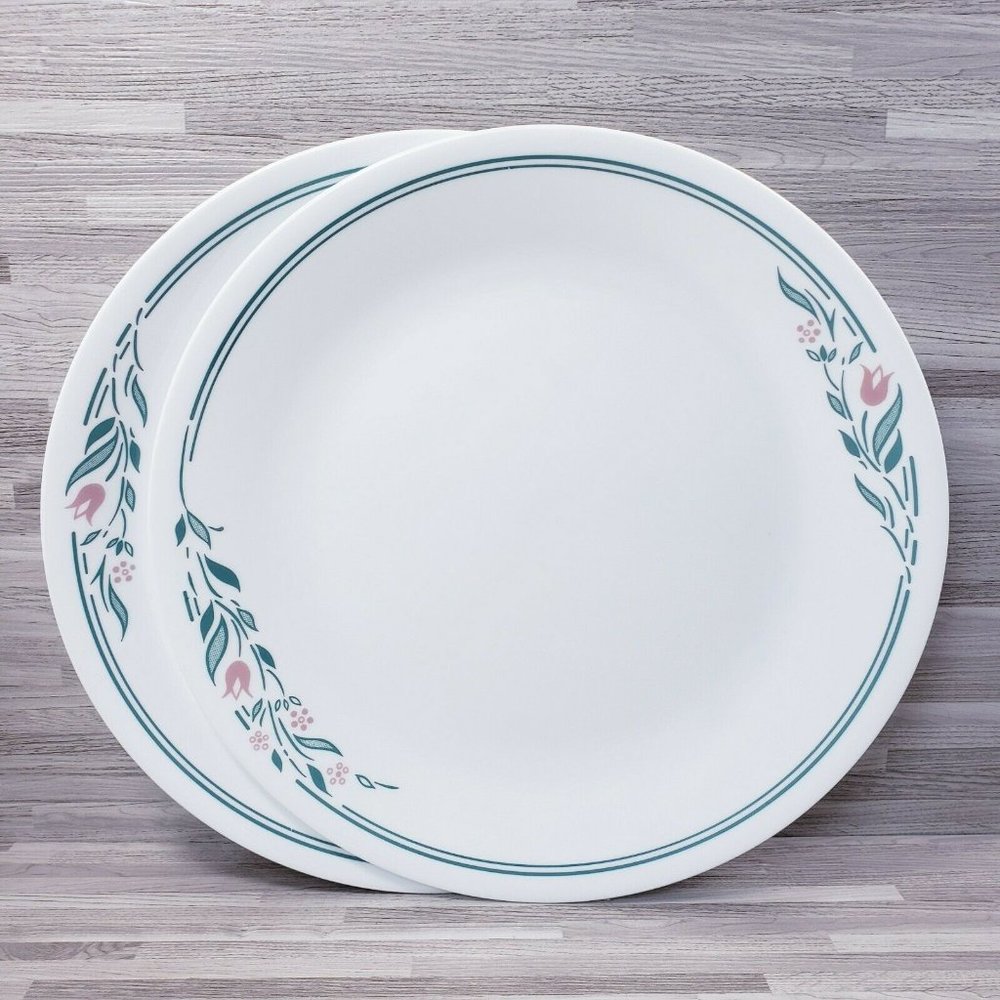 2-Corelle by Corning Rosemarie 10.25” Dinner Plates White Green Pink